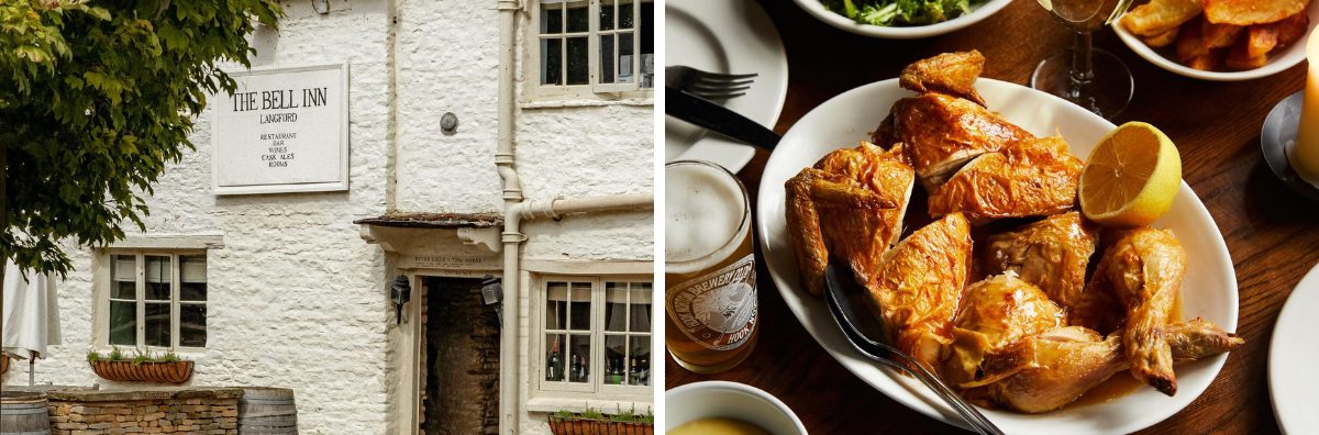 Outside image of The Bell Inn and a chicken meal