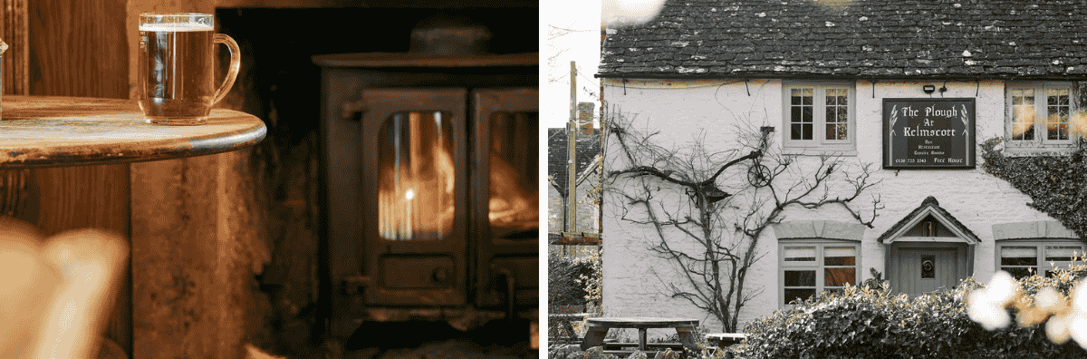A pint of beer in front of the fire and the exterior of The Plough Inn