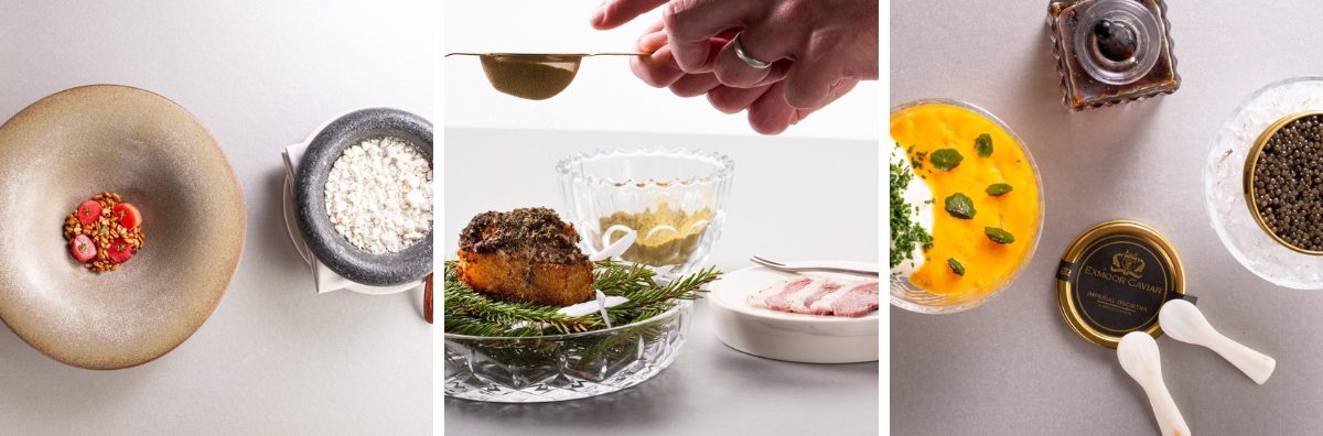 Three images of the Michelin star food at The Olive Tree in Bath