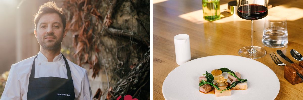 Image of Rob Potter, chef at The Manor House and an image of their Michelin star food
