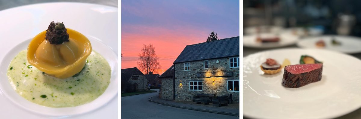 Three images of The Royal Oak. Whatcote and their Michelin star food