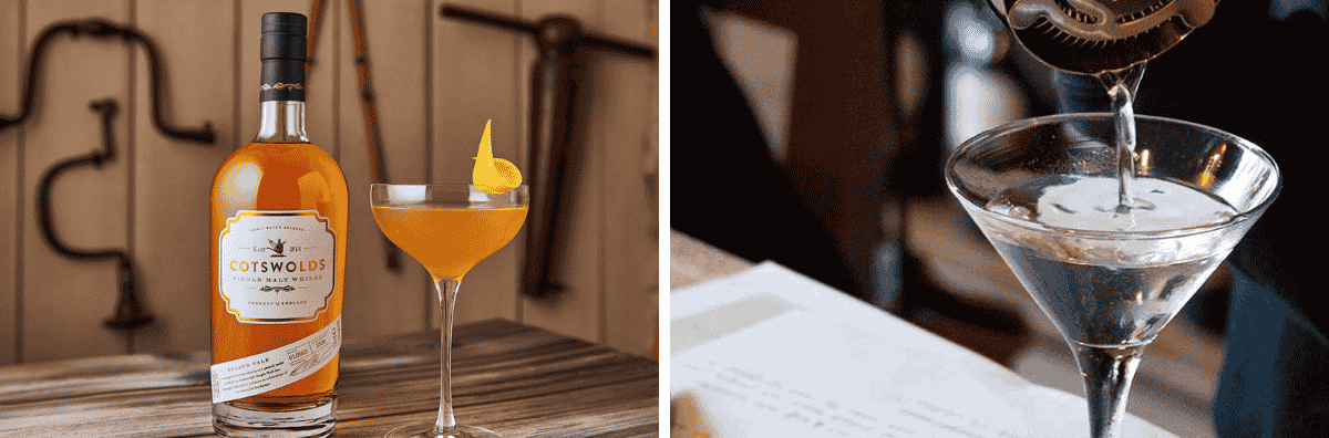 Two images of cocktail making class at Cotswold Distillery