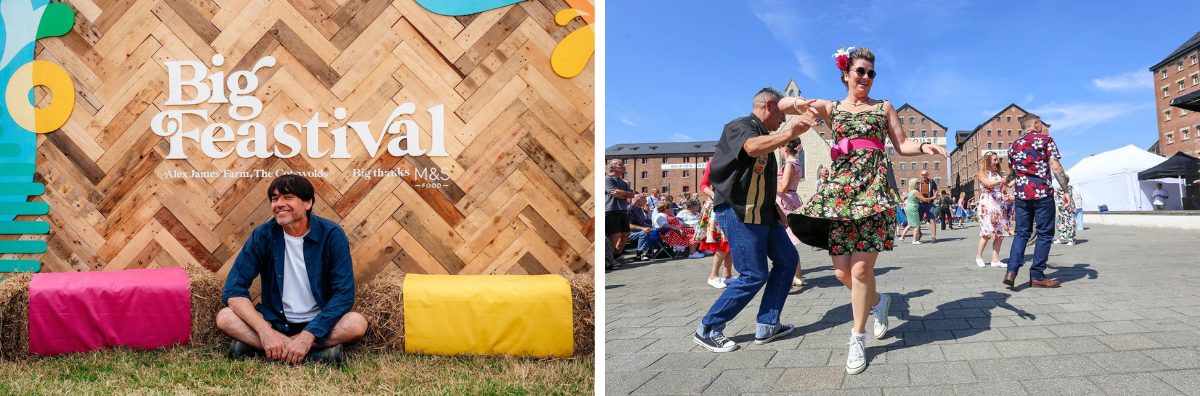 One image of Alex James sat in front of The Big Feastival sign and one image of dancers at Gloucester Goes Retro