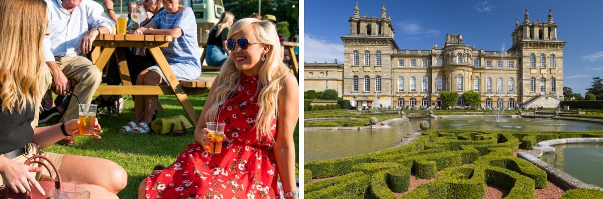 Two ladies sat on the grass drinking at Cheltenham Music Festival and one image of Blenheim palace
