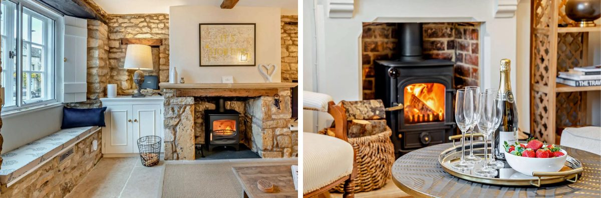 two images of lit wood burning stoves in Cotswold cottages