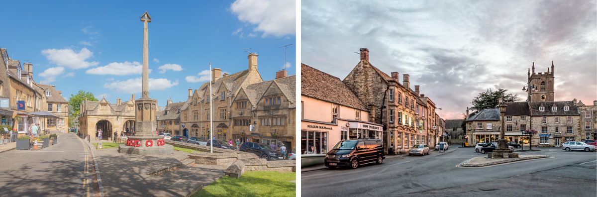 two images - one of the square in Stow-on-the-Wold and one of the square in Chipping Campden
