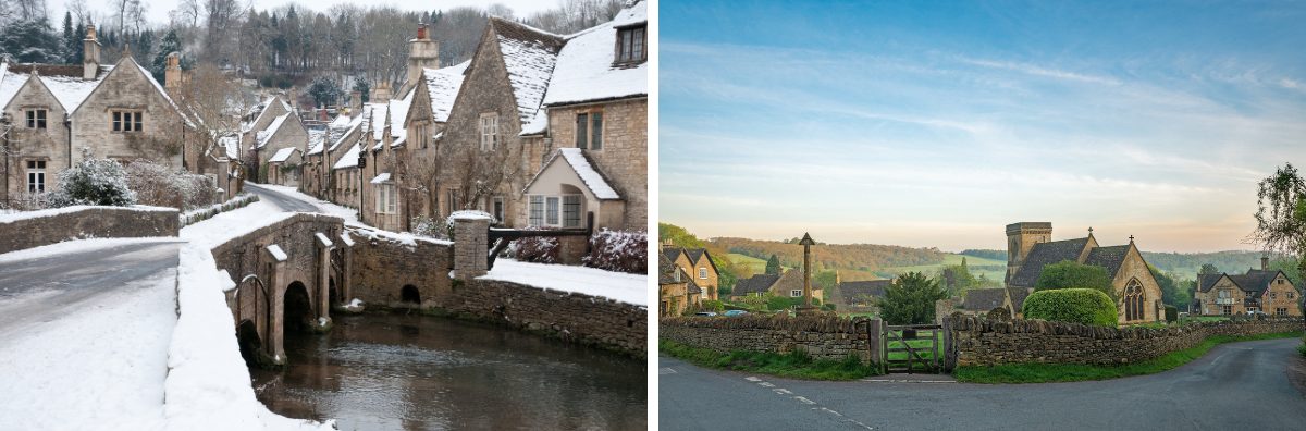 Two images - one of a snow covered bridge and one of a Cotswold scene on a crisp winter morning