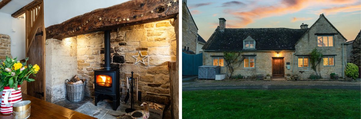 A wood burner in a Cotswold cottage and a honey coloured stone cottage exterior