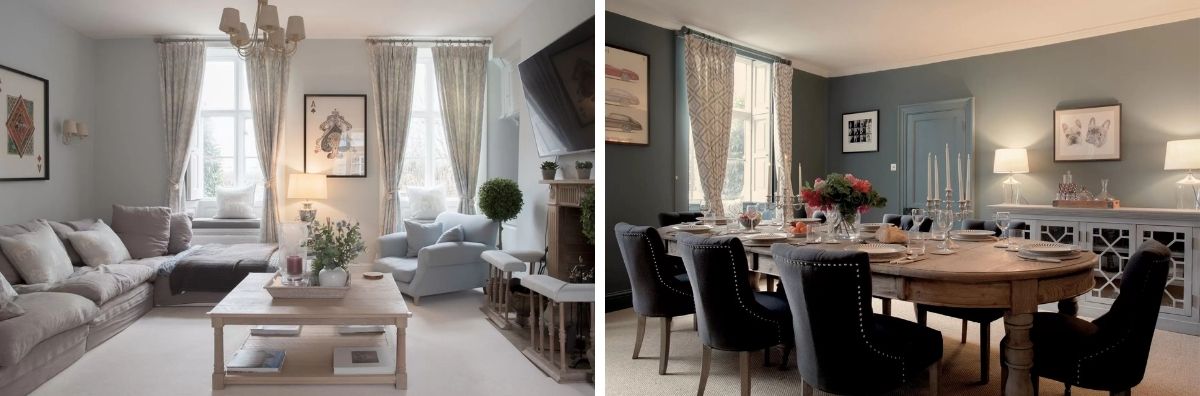 Two interior photos of Yew Tree Farmhouse luxury Cotswold cottage