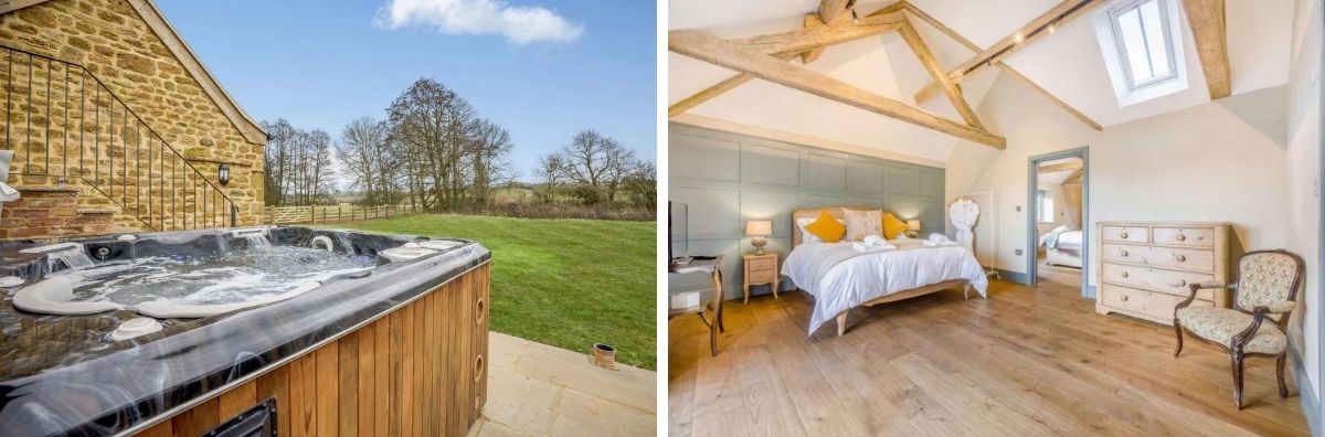 The hot tub at Little Barford Mill and one of the luxury bedrooms
