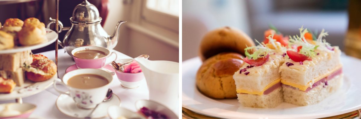 Two images of afternoon tea, sandwiches, cakes and cups of tea