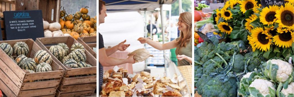 three pictures of farmers markets with vegetables, fruit and flowers for sale