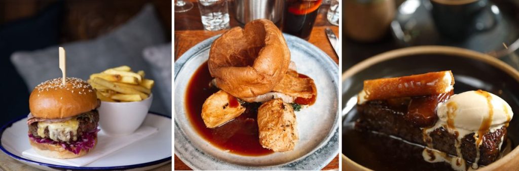 Three pictures of pub food - burger and fries, roast dinner, pudding with ice cream