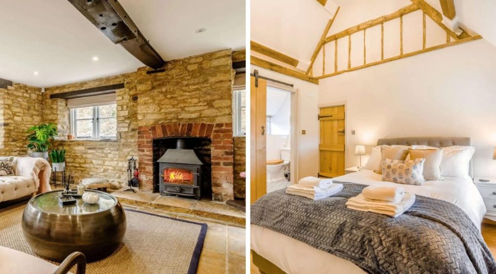 Wood burning stove and exposed beams in a luxury Cotswold cottage