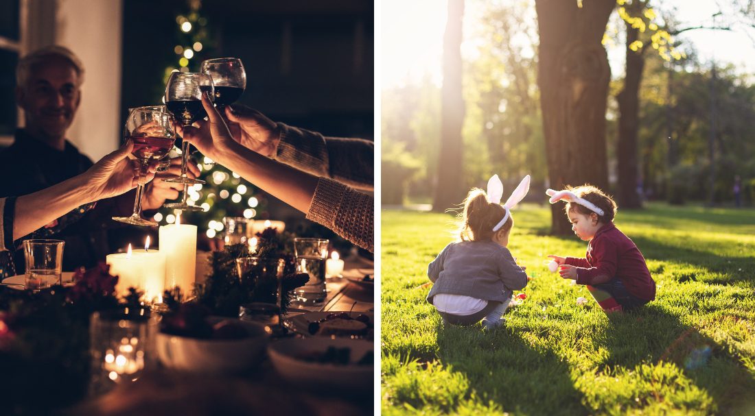 Two images, one of a Family Christmas Dinner and one of two children wearing bunny ears on an easter egg hunt