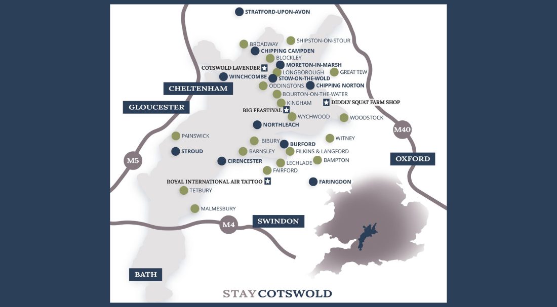 Map Of Locations for Group Accommodation in the Cotswolds