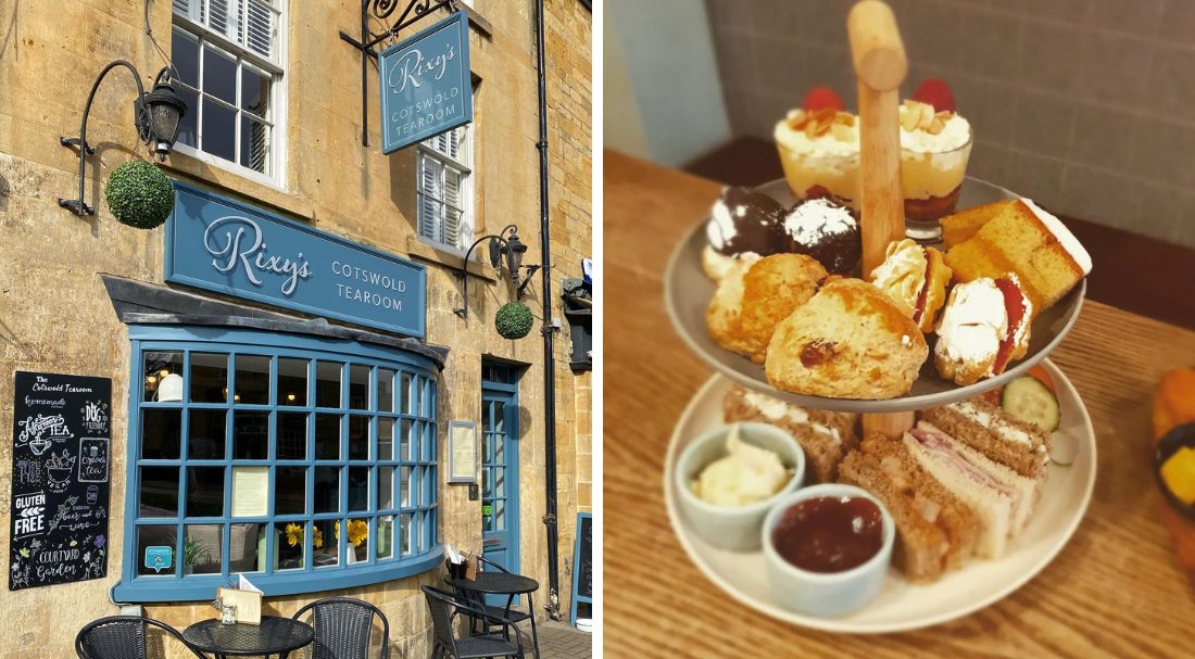 Two images showing the outside of Rixy's Tearoom and an afternoon tea