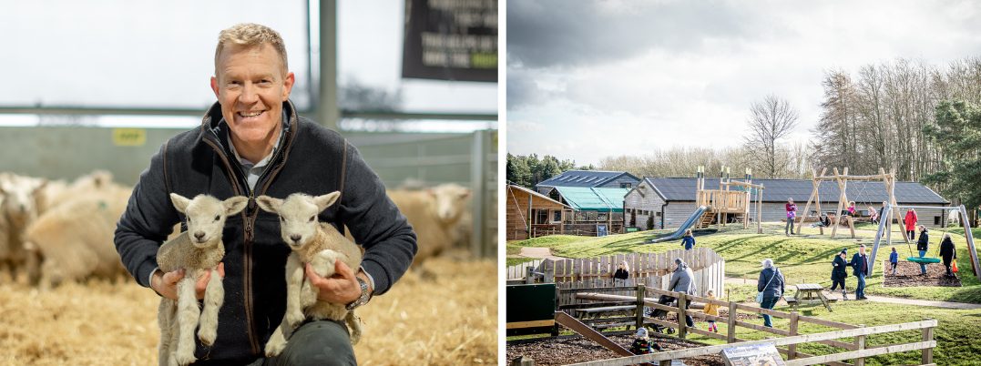 Adam Henson holding lambs at Cotswold Farm Park and outside play area
