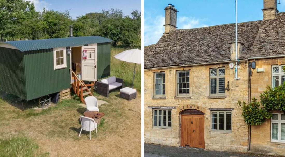 Two images of a Shepherd's Hut and Cotswold Cottage