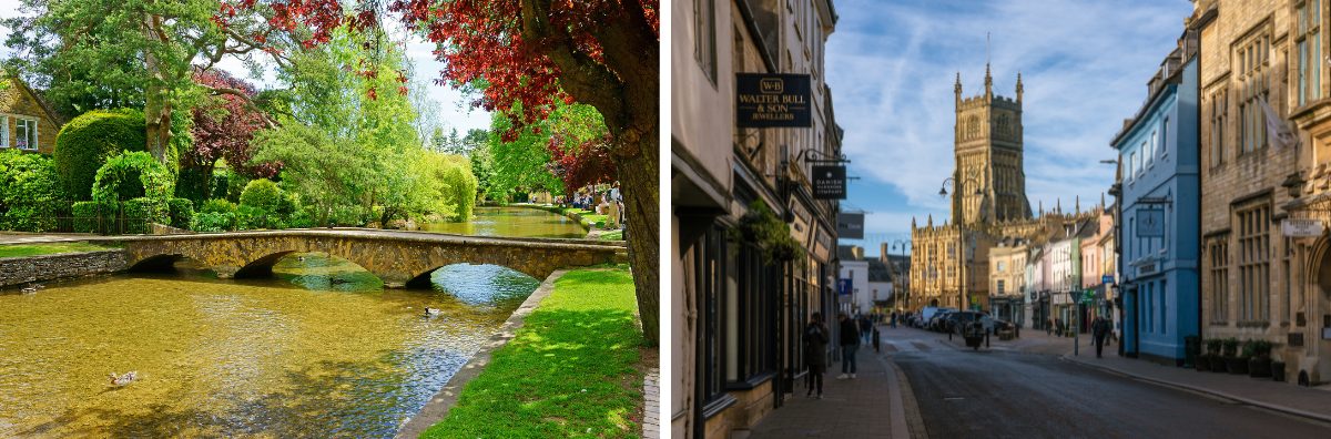 The River Windrush in Bourton on the Water and a shopping street in Cirencester 