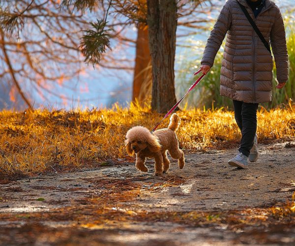 Dog walking on a lead through the countryside on a dog friendly weekend break