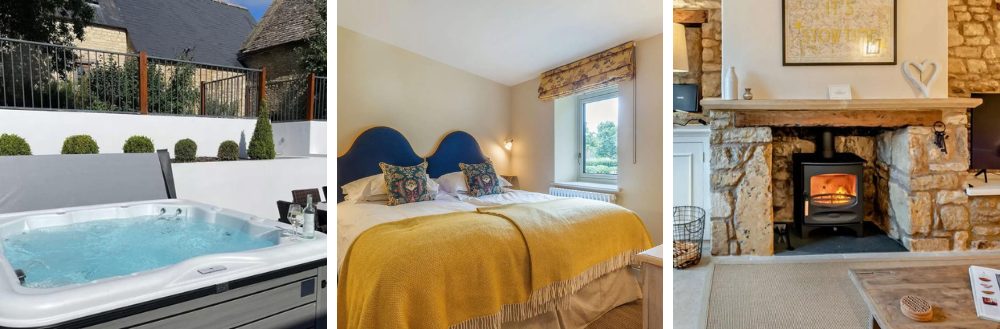 Three images of a hot tub, wood burning stove and zip and link beds