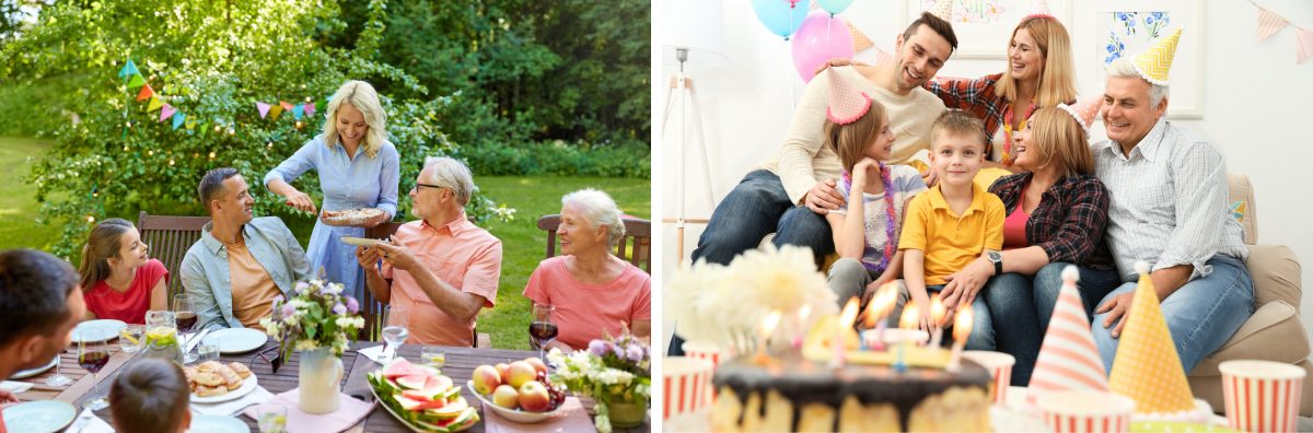 Two images of family and friends celebrating a birthday