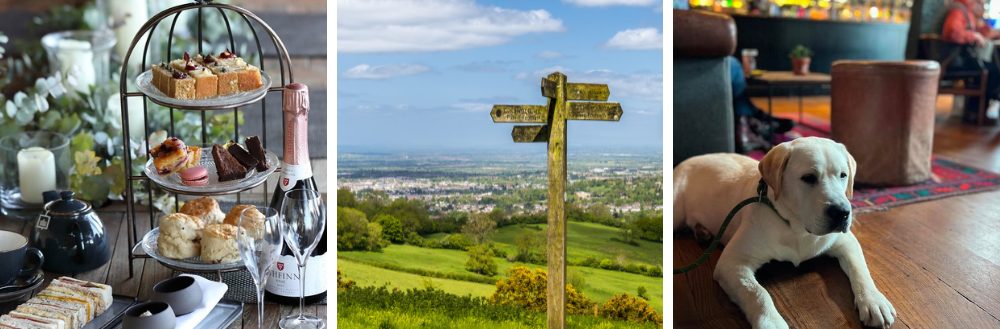 three images of a Cotswold afternoon tea, the Cotswold way signpost and a dog lay on the floor of a dog friendly Cotswold pub