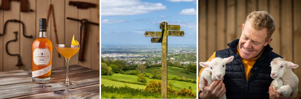 three images of Cotswold Distillery, the Cotswold Way signpost and Adam Henson of Cotswold Farm Park holding two lambs