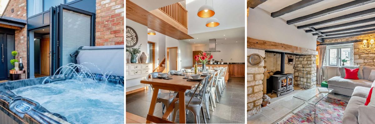 Features of birthday party accommodation - 3 images of a hot tub, large dining room & cosy sitting room