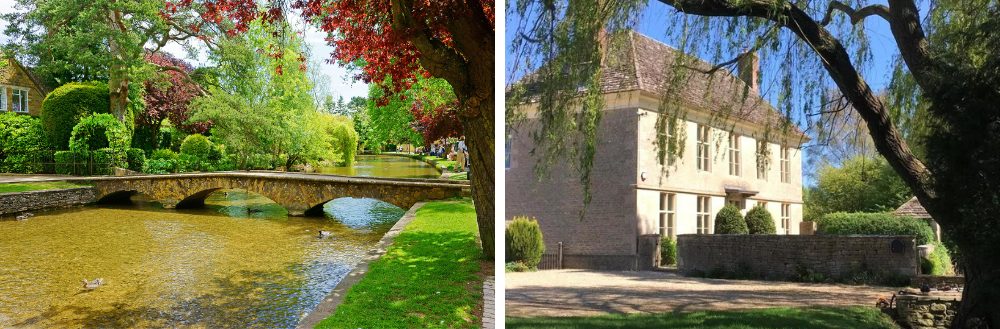 Two images of Bourton on the Water and a large holiday cottage