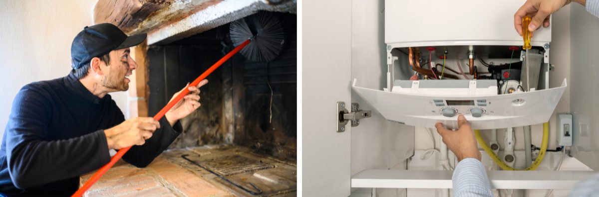 one image of a chimney sweep and one of a Cotswold holiday home boiler being serviced
