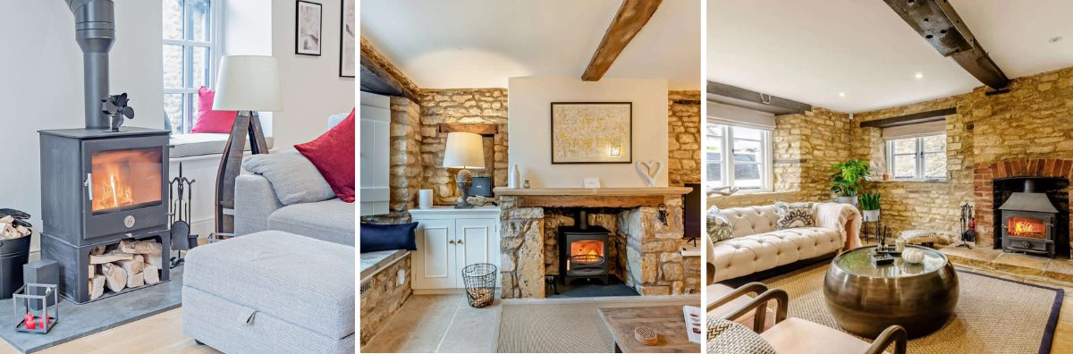 three images of wood burning stoves in Cotswold Holiday homes