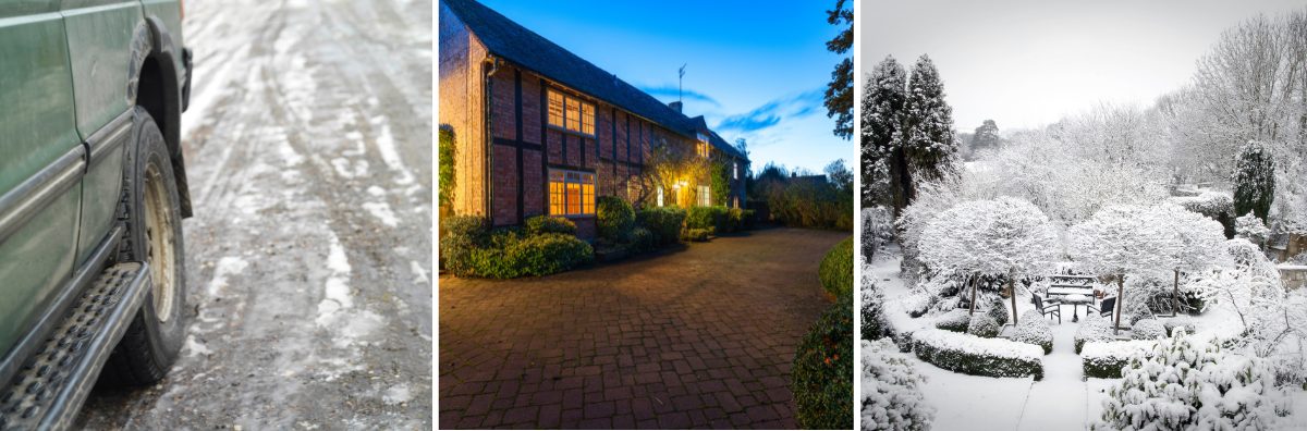 one image showing a car on an icey driveway, a home in twighlight with the outside lights on and a snow filled garden