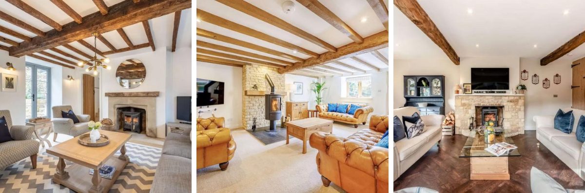 Three images of cottages with large sitting rooms