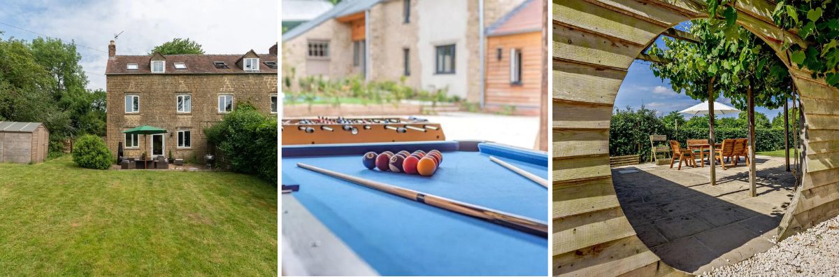 Long garden, pool table and large patio promoting outdoor spaces