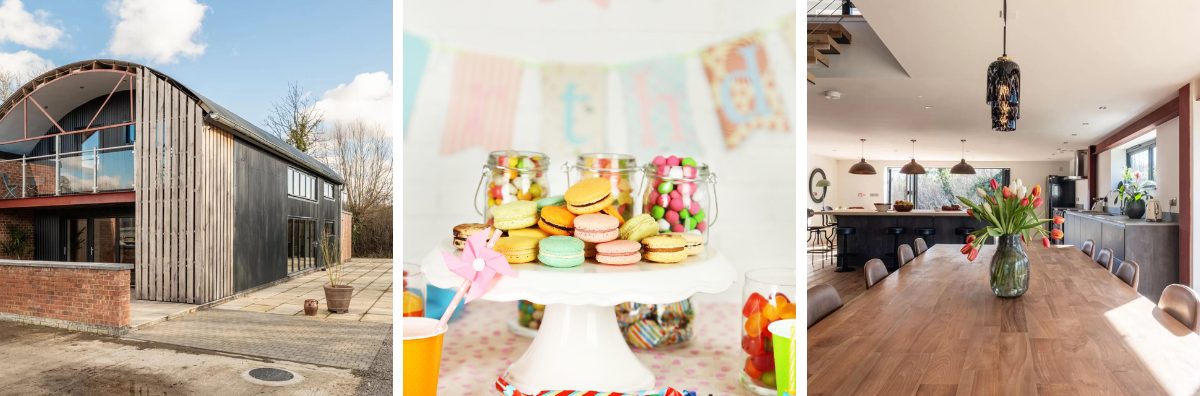 Exterior and interior images of The Cosh and a birthday table