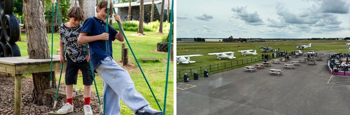 two images, one of two children on low ropes and one of the Cotswold airport