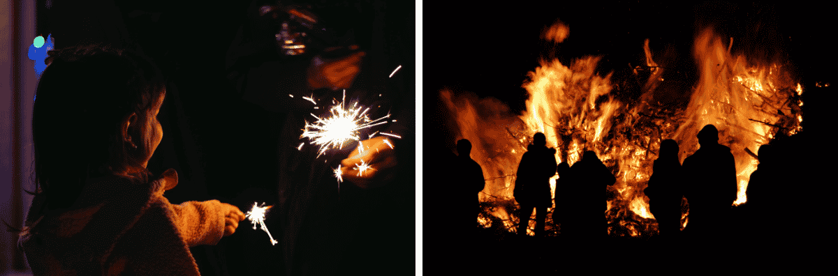 a child with a sparkler and visitors watching a bonfire