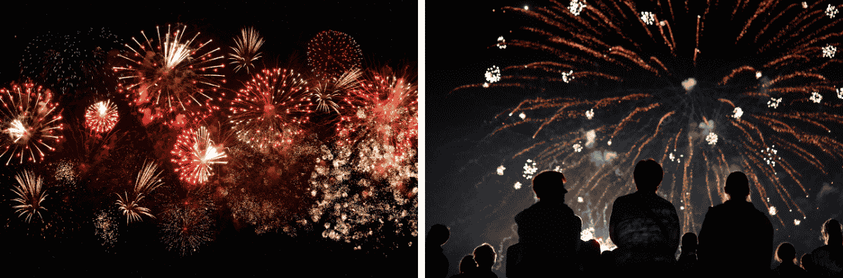 fireworks in the sky and people in silhouette watching fireworks