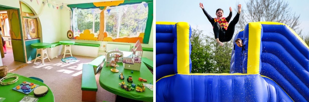 Soft play area and a child leaping on an inflatable on a lake