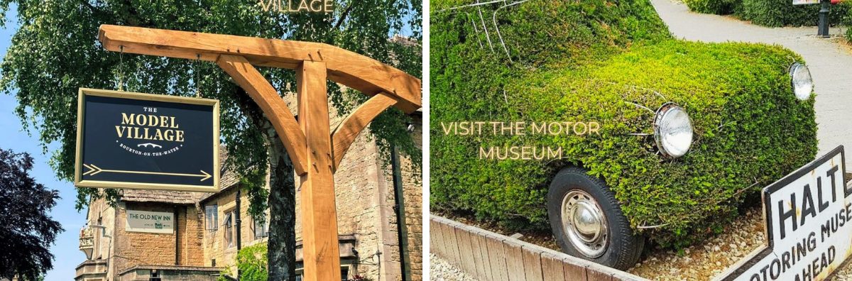 Old New Inn sign to the model village and a car made out of a bush
