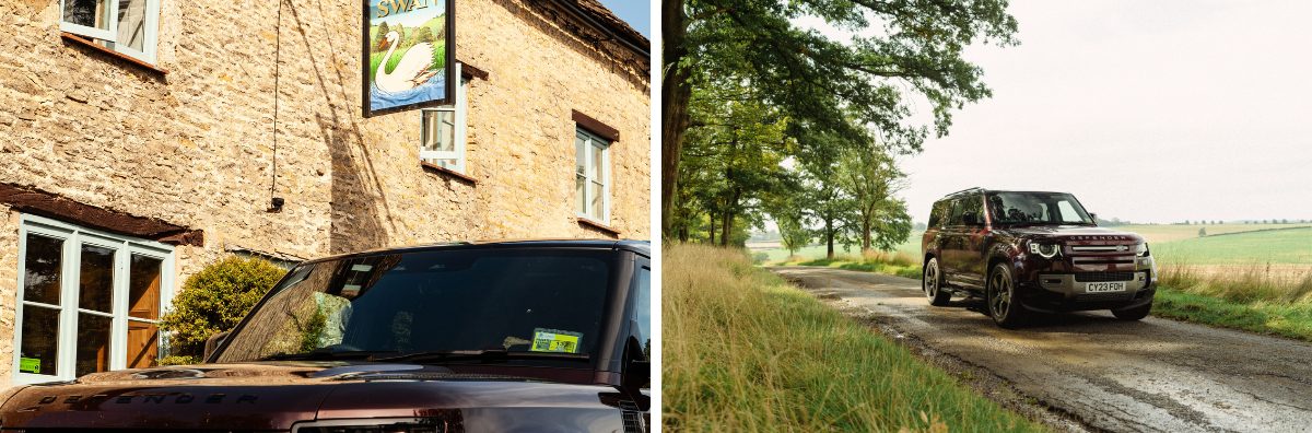 Cotswold Tour Landrover Defender outside of The Swan pub and on a Cotswold country lane