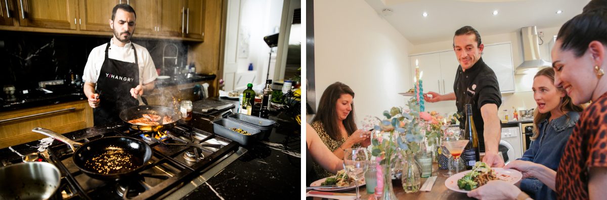 Private dining chef preparing food and a chef serving food to diners