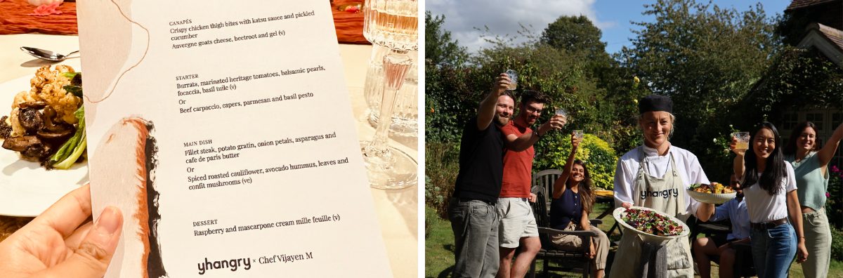 Close up of a menu and a chef serving food outdoors