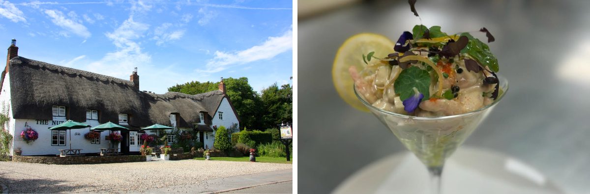 The exterior of The Nut Tree Inn and an image of their food