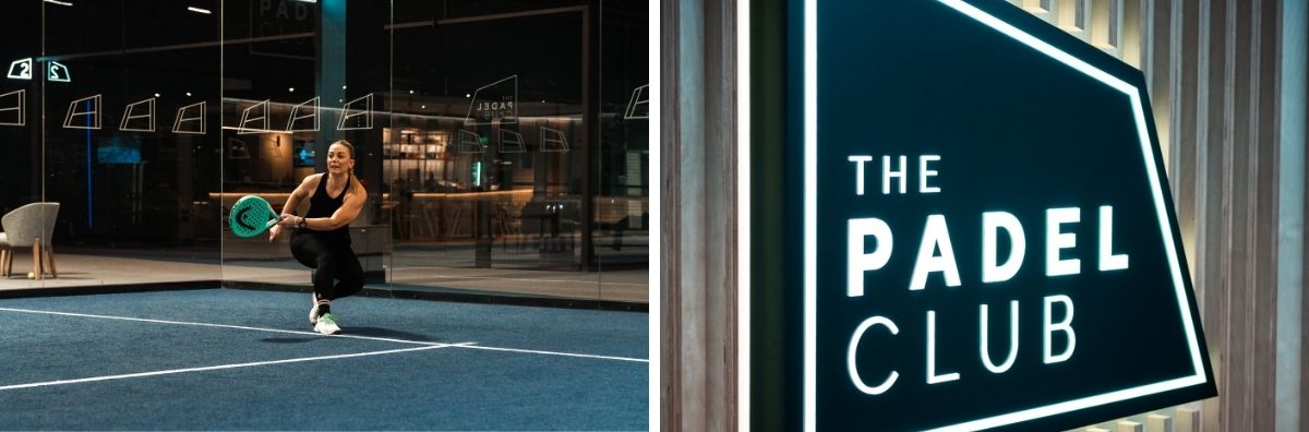 Two images of the courts at Gloucester Quays Padel Club