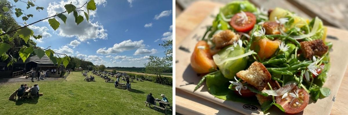 Outdoors at The Farmer's Dog pub and an image of their food