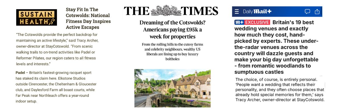 A white image with 3 examples of articles StayCotswold has been featured in from titles including the times, sustain health and daily mail