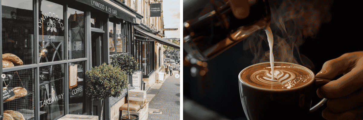 Autumn cafes in the Cotswolds Lynwood&Co coffee shop front and a barista pouring milk into a coffee